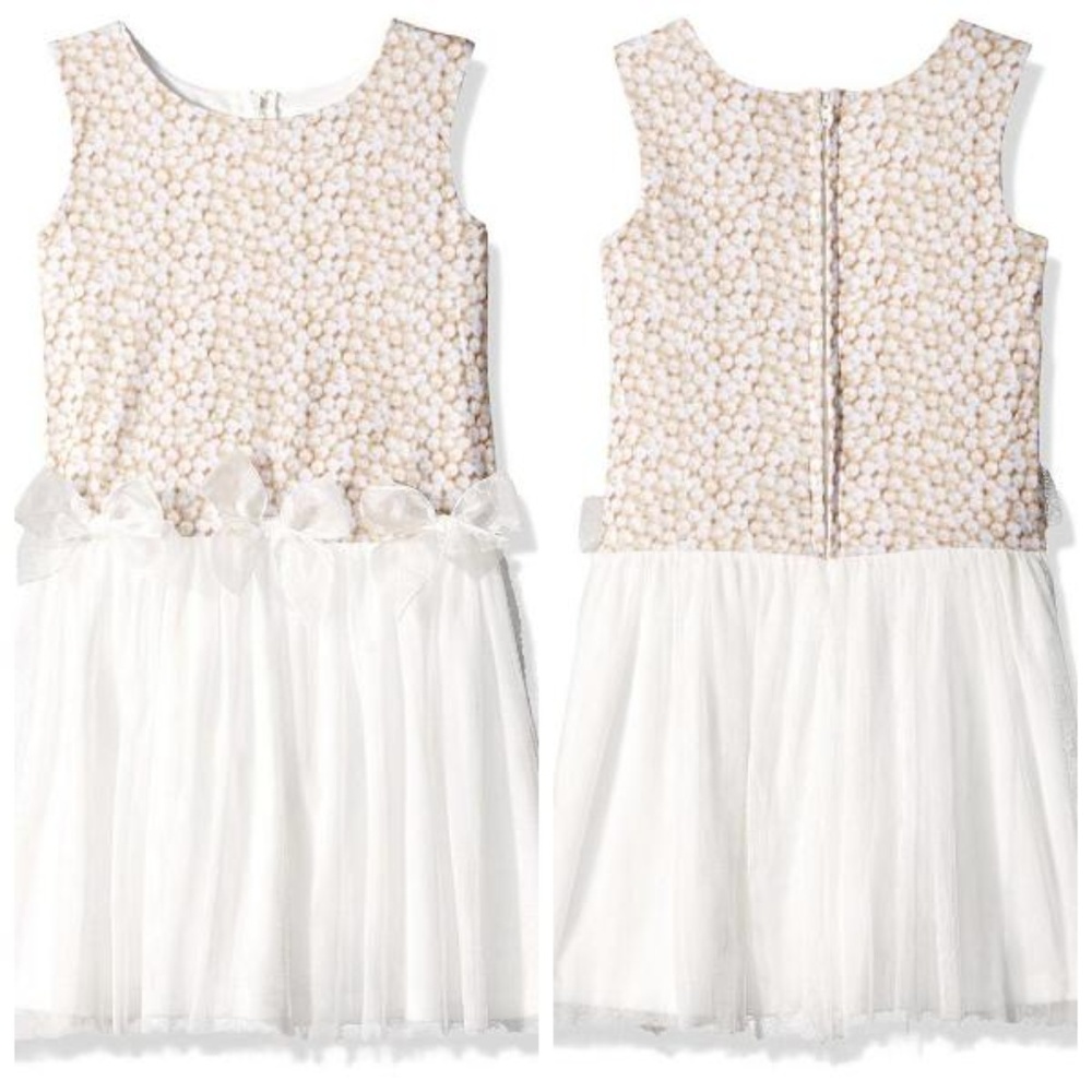 Lavender by US Angels Girls Pearls Print Bow Mesh Dress Size 6 Ivory Gold Spring